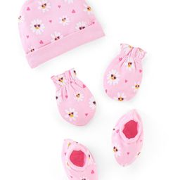 Babyhug 100% Cotton Cap Mittens And Booties Floral Print Pink - Diameter 11 cm-image-89