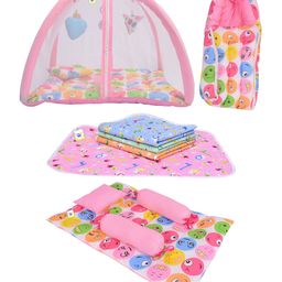 Toddylon Combo of Baby Mattress with Net Sleeping Bag 4 Pcs Bedding Set 4 Nappy Changing Sheets- Pink-7