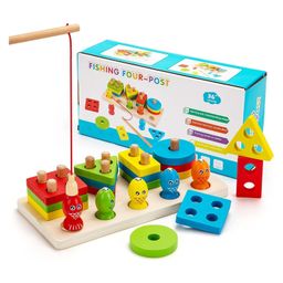 Happy Hues 2 in-1 Wooden Geometric Sorting- Stacking Toy & Magnetic Fishing Game-Puzzle Blocks Toy for Toddlers-14