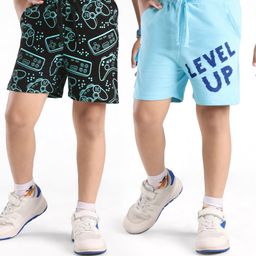 Honeyhap Premium Terry 100% Cotton Above Knee Length Shorts With Bio Finish Text Print Pack Of 2 - Black & Blue-image-49