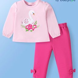 Babyoye Cotton Knit Full Sleeves Top & Bottom Set With Swan & Floral Print & Bow Applique - Dark Pink-image-33