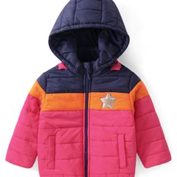 Babyhug Woven Full Sleeves Padded Hooded Jacket With Colour Block Design & Patch Detailing - Pink & Navy Blue-image-19