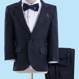 Robo Fry Woven Full Sleeves Solid 3 Piece Party Suit With Bow - Navy Blue-image-75
