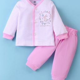 Zero Interlock Full Sleeves Front Open Night Suit With Stripes & Bunny Print - Pink-picture-24