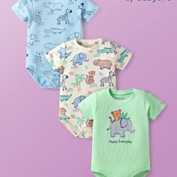 Babyoye 100% Cotton Knit With Eco Jiva Finish HalfSleeves Animal Printed Onesies Pack of 3 -Cream Blue & Green-image-79