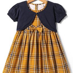 Babyhug Cotton Woven Checkered Frock with Half Puffed Sleeves Solid Shrug & Bow Applique - Yellow & Navy Blue-image-41