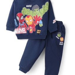 Babyhug Marvel Terry Knit Full Sleeves T-Shirt & Lounge Pant Set With Avengers Graphics - Navy Blue-image-51