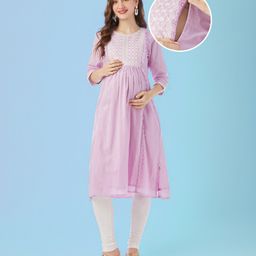 Bella Mama Cotton Lurex Woven Three Fourth Sleeves Maternity Kurta with Floral Sequinned Embroidery & Pockets - Lilac-image-49