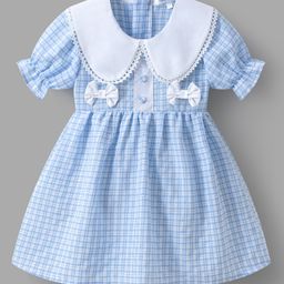 Mark & Mia Cotton Blend Half Puffed Sleeves Peter Pan Collar Checkered Frock with Bow Applique - Light Blue-picture-24