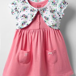 Babyhuhg Cotton Knit Half Sleeves Frock & Shrug with Floral Print - Pink & White-image-75