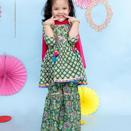 KID1 Cotton Three Fourth Sleeves Floral Motif Printed & Gota Lace Embellished Kurta Sharara With Dupatta Set - Green-image-126