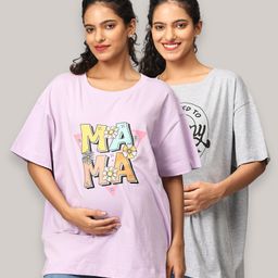 The Mom Store Pack Of 2 Half Sleeves Typography Printed Oversized Maternity Tees - Lavender & Grey-picture-40