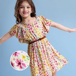 Hola Bonita Rayon Woven Flutter Sleeves Frock With Floral Print & Belt - Multicolor-image-5