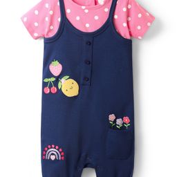 Babyhug Single Jersey Knit Polka Dot Printed Dungaree Style Romper with Half Sleeves Inner Tee - Pink & Navy Blue-image-51