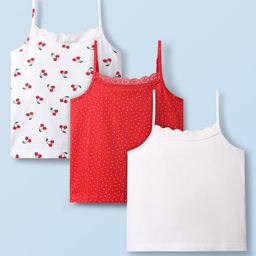 Honeyhap Premium Cotton Elastane Knit Sleeveless Solid & Cheery Printed Slips With Bio Finish Pack of 3 - High Risk Red & Bright White-15