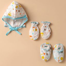 OHMS Single Jersey Knit Cap Mitten & Booties With Geometric Print White & Light Blue - Diameter 10.5 cm-11