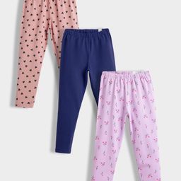Orange Sugar Cotton Lycra Knit Pack Of 3 Hearts & Tulips Printed Stretchable Leggings - Multi Colour-image-36