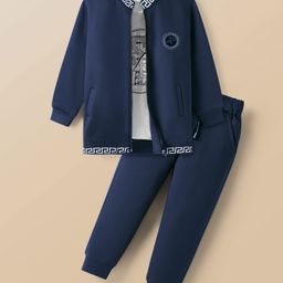 Rikidoos Full Sleeves Stone Embellished Jacket With Tee & Joggers Set - Navy Blue & White-image-36