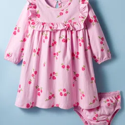Doodle Poodle Cotton Knit Full Sleeve Frock with Bloomer & Floral Print - Pink-picture-4