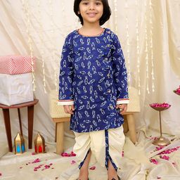 KID1 Cotton Woven Full Sleeves Fish Printed Dhoti Kurta - Navy Blue-image-76