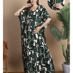 Secret Wish Rayon Woven Half Batwing Sleeves Abstract Printed Maternity Kaftan Nighty With Side Seam Nursing Access - Green-image-90