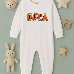 BLUSHES 100% Cotton Knit Independence Day Theme Full Sleeves India Text Printed Romper - White-image-97