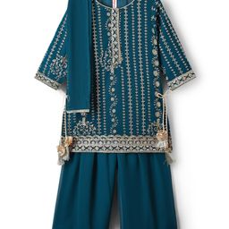 Babyhug Woven Three Fourth Sleeves Embroidered Kurti Palazzo Set with Dupatta & Sequin Detailing - Teal Blue-picture-16
