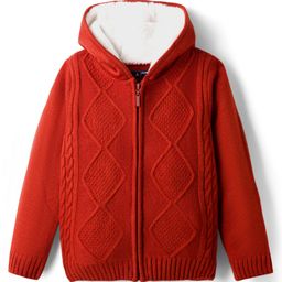 Pine Kids Knit Full Sleeves Front Open Hooded Sweater with Cable Knit Design - Rust Orange-picture-16
