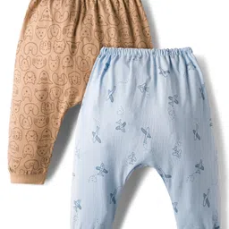 Pink Rabbit Single Jersey Knit Full Length Diaper Leggings with Animal & Vehicle Print Pack of 2 - Blue & Brown-picture-2