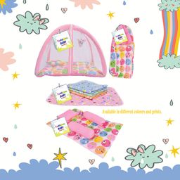 Toddylon Combo of Baby Mattress with Net Sleeping Bag 4 Pcs Bedding Set 4 Nappy Changing Sheets- Pink image 2