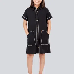 Olele Girls Pure Cotton Shirt Collar Solid Piping Shirt Dress-picture-34