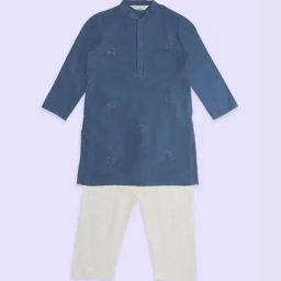 Indus Route by Pantaloons Kids Blue & White Embroidered Full Sleeves Kurta Set-image-31