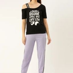 Slumber Jill Black & Lavender Printed Top With Lounge Pants-picture-36