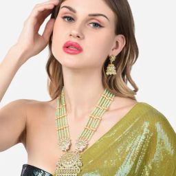 Zaveri Pearls Green Multistrand Crystal Beaded Kundan Long Necklace & Earring Set-ZPFK14724-image-5