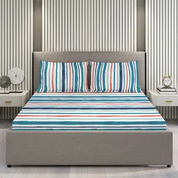 Layers Blue & White Striped 220 TC King Bedsheet with 2 Pillow Covers-52