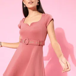 KASSUALLY Women Attractive Peach Solid Sweetheart Neck Dress-image-68