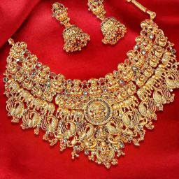 OOMPH Antique Gold Tone Red & Green Stone & Beads Laxmi Necklace Set for Women-image-57