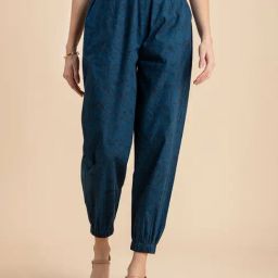 Moomaya Teal Cotton Floral Print High Rise Joggers-image-36