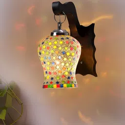 Devansh White & Yellow Textured Wooden Bell Shaped Wall Lamp with Mosaic Glass-image-44