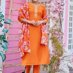 Moda Rapido Geometric Yoke Design V-Neck Sequinned Pure Silk Kurta With Trousers & Dupatta-picture-14