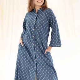 The Indian Ethnic Co Indigo A-Line Ajrakh Handblock Printed Cotton Kurta-16
