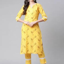Indibelle Yellow Cotton Floral Print Straight Kurta-image-17