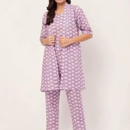 Moomaya Lavender Cotton Printed Top With Pyjamas & Shrug-image-39