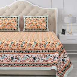 BELLA CASA Peach-Coloured & Blue Printed 180 TC Cotton King Bedsheet Set 2.20 m x 2.72 m-image-43