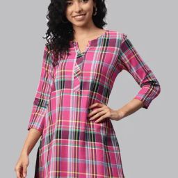 One Femme Pink Check A Line Kurti-picture-31