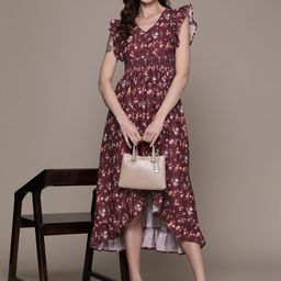 Moda Rapido Smocked & Ruffled Floral Print Flutter Sleeve A-Line Midi Dress-picture-17
