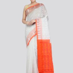 Pinkloom White & Orange Cotton Woven Saree-picture-29