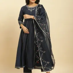 W Women Blue Festive Solid Rayon Kurta With Straight Pant & Dupatta-image-34