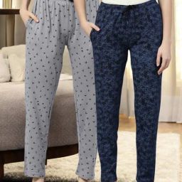 Kryptic Blue & Grey Cotton Relaxed Fit Printed Lounge Pants - Pack of 2-image-4