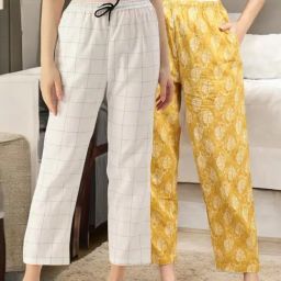 Kryptic Mustard & White Cotton Relaxed Fit Printed Lounge Pants - Pack of 2-image-83